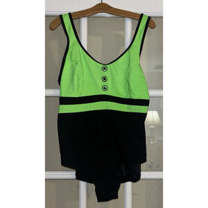Pacific Connections PLUS one piece swimsuit green black button front 90s 2XL
